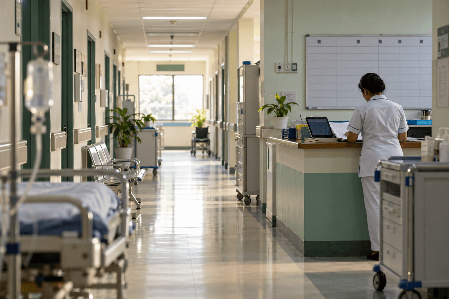 A doctor and a nurse reviewing patient vitals on a tablet in a hospital ward